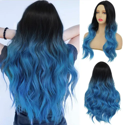 Tseses Pelucas largas y onduladas de color azul degradado para mujer, pelucas de cabello sintético con raíces oscuras, cosplay, fiesta de Halloween,