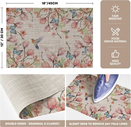 Miniatura 6 de Artoid Mode Juego de 4 manteles individuales con diseño de pájaros y flores y mariposas, 12 x 18 pulgadas, de plástico, lavables, antideslizantes