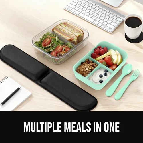 Miniatura 3 de GORILLA GRIP Lonchera Bento a prueba de fugas sin BPA para mujeres, hombres, niños, estilo de 2 niveles, con asa fácil de transportar, apta