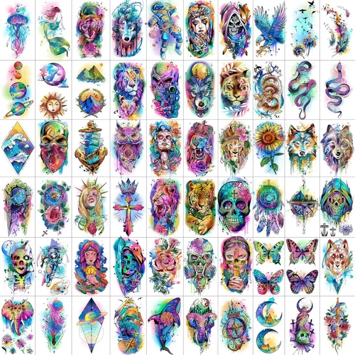 Miniatura 12 de 60 hojas de tatuajes temporales 3D de león y tigre geniales para hombres y mujeres, tatuajes falsos pequeños y aterradores de diablo, calavera