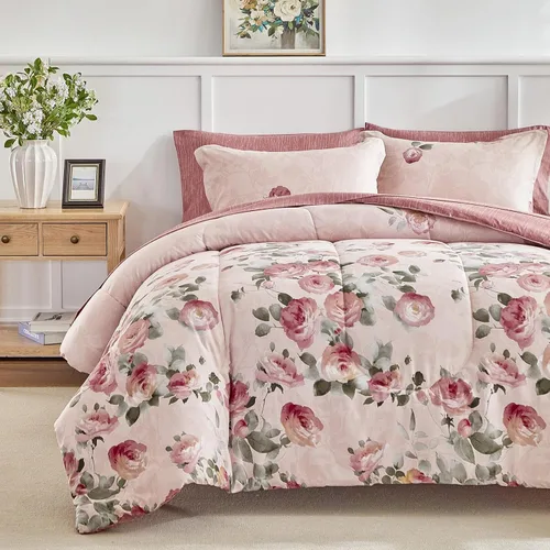 Miniatura 11 de AIKASY Juego de edredón individual rosa y morado claro con sábanas, cama en una bolsa, 6 piezas, diseño de impresión de ramas y flores, juego
