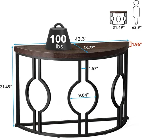 Miniatura 3 de LITTLE TREE Mesa consola de media luna de 43 pulgadas para entrada, mesa de sofá industrial semicírculo, mesa decorativa de madera para sala