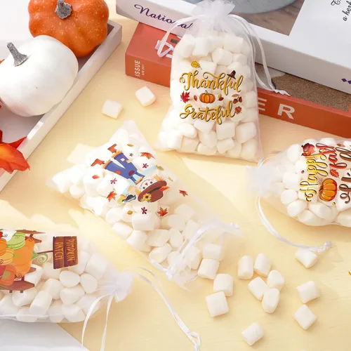 Miniatura 5 de Whaline 48 bolsas de organza de otoño con cordón de pavo, calabaza, espantapájaros, palabras, bolsas de regalo, bolsa de regalo de joyería, bolsa