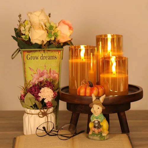 Miniatura 5 de Juego de 3 velas de cristal dorado sin llama con control remoto y temporizador, velas LED de cera real controladas con llama 3D parpadeante, D 3