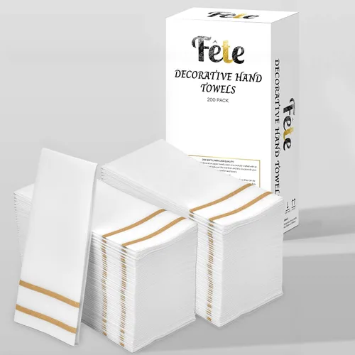 Miniatura 2 de Toallas de mano desechables para baño, diseño dorado 200 toallas desechables con tacto de lino para invitados – Servilletas formales para cena