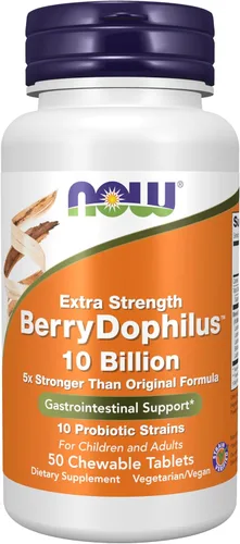 NOW Foods Suplementos, BerryDophilus, desarrollado para adultos y niños con 10 cepas probióticas, extra fuerza, prueba de tensión, 50 masticables