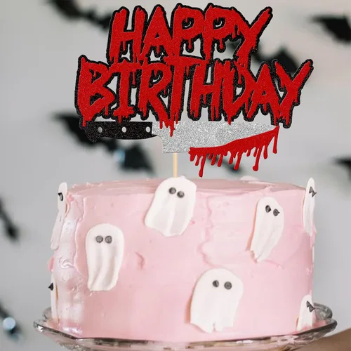 Miniatura 4 de Rsstarxi 1 paquete de decoración de pastel de cumpleaños con purpurina Have a Killer, decoración sangrienta de Halloween para decoración de pastel