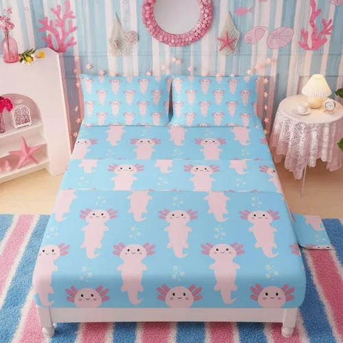 Miniatura 19 de QOOMO Ropa de cama Kawaii Axolotl para niños y niñas, diseño de flor de cerezo rosa, juego de ropa de cama súper suave para niños, con estrellas