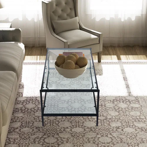 Miniatura 6 de Mesa de centro rectangular de cristal, mesa central de 2 niveles, mesa de café moderna para sala de estar, 43.3 x 23.62 pulgadas, color negro
