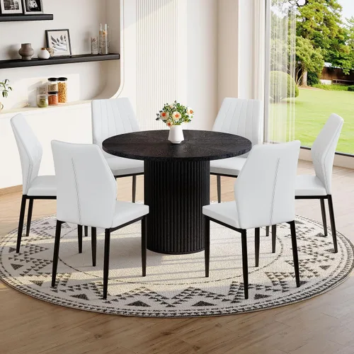 Miniatura 23 de Mesa de comedor redonda para 4-6, mesa de comedor negra con tablero de madera de 42'' y base de pedestal cilíndrico, mesa de cena redonda