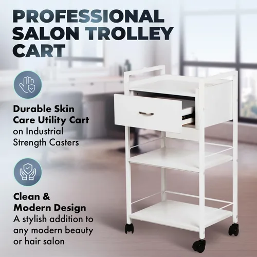 Miniatura 2 de Buy-Rite Jenny Trolley Carrito de 3 niveles para spas, esteticistas y salones, organizador de madera blanca con cajón, estantes abiertos, agujeros
