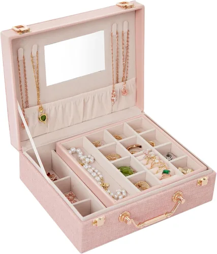 Joyero portátil para mujeres y niñas con piel sintética, caja organizadora de aretes con espejo de maquillaje para regalos de Navidad y Año Nuevo