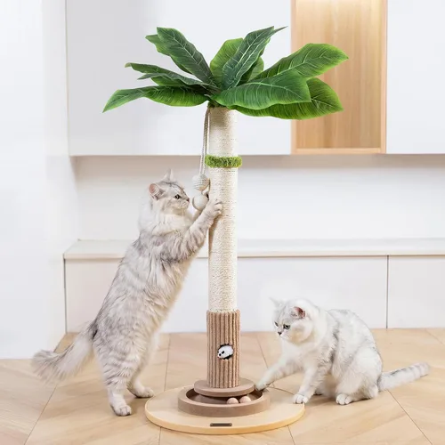 Miniatura 6 de WOOCHPET Rascador para gatos de interior de 35 pulgadas de alto, rascador de sisal para gatos con juguete de ratón y bolas de pista, base de madera