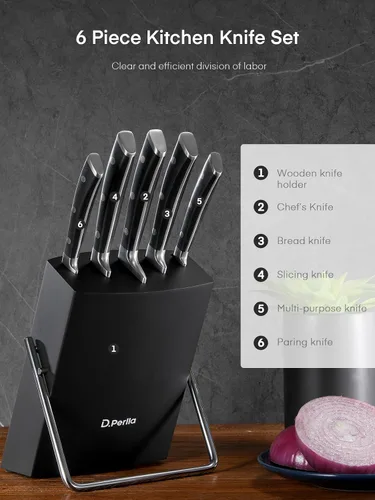 Miniatura 2 de D.Perlla - Juego de cuchillos de cocina pequeños de 6 piezas con bloque, juego de cuchillos de acero inoxidable alemán, juego de bloques de Negro