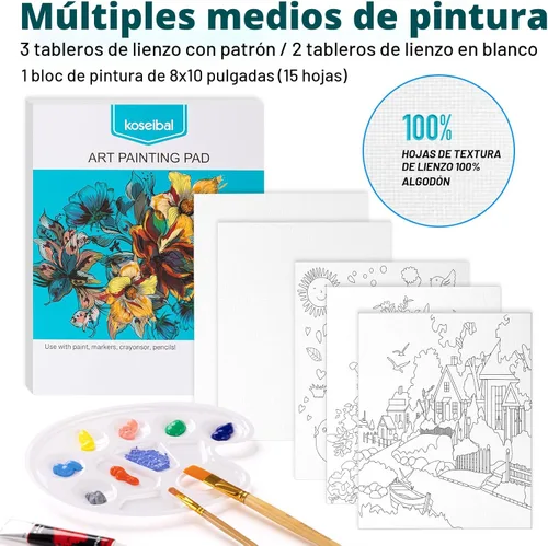 Miniatura 4 de koseibal Juego de pintura acrílica para niños, kit de suministros de pintura artística con 18 pinturas, 5 paneles de lienzo, 8 pinceles, caballete
