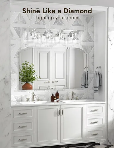 Miniatura 2 de VOLISUN Luces de tocador de cristal – 4 luces modernas de acero inoxidable para baño sobre espejo, acabado cromado – Certificado UL