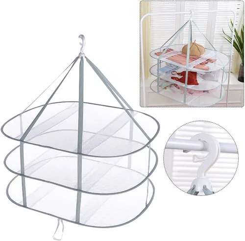 Miniatura 7 de Estante de secado plegable de 3 niveles, capacidad de 10 libras, ahorro de espacio, secadora colgante con banda de fijación, estante apilable