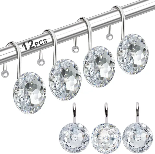 12 piezas de ganchos para cortina de ducha para baño, ganchos para cortinas de ducha de acero inoxidable resistentes al óxido con strass decorativos