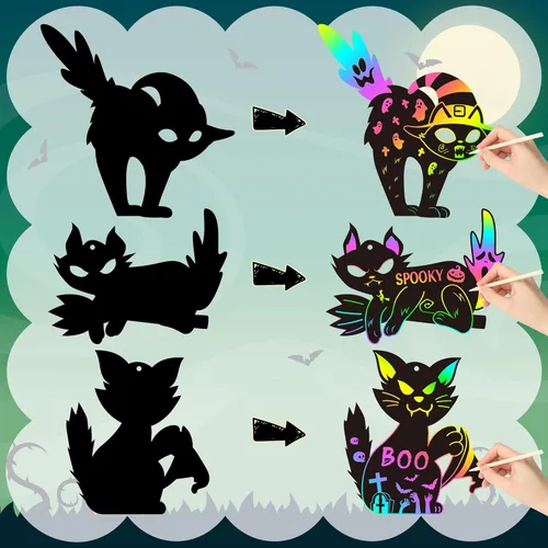 Miniatura 3 de CY2SIDE Tarjetas de rascar de gato negro de Halloween - Juego de 60 piezas de tarjetas de ornamento espeluznante de Halloween para niños, kit