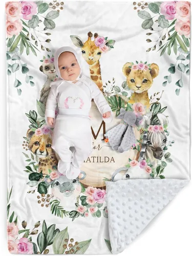 Miniatura 24 de Manta de bebé personalizada, nombre personalizado con diseño de animales del bosque, manta de felpa suave con respaldo punteado de doble capa