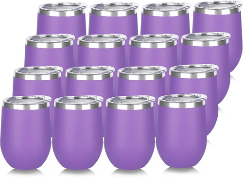 Miniatura 27 de DOMICARE - Juego de 8 vasos de vino de 12 onzas con tapa, hechos de acero inoxidable con aislamiento al vacío de doble pared, color celeste Azul