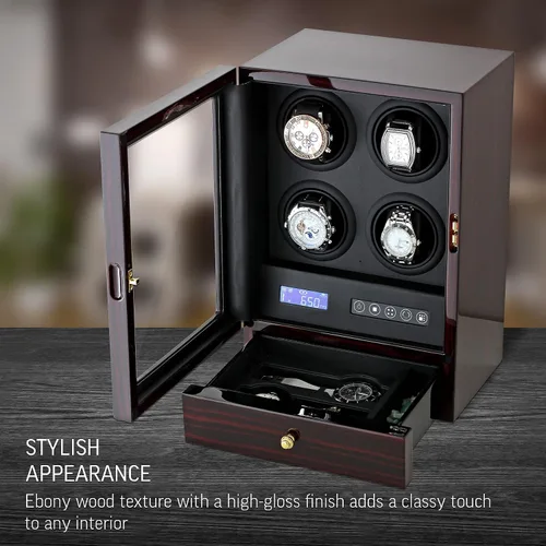 Miniatura 2 de Enrollador de 4 relojes con retroiluminación LED, 2 relojes y cajón de almacenamiento de joyas, pantalla LCD y control remoto