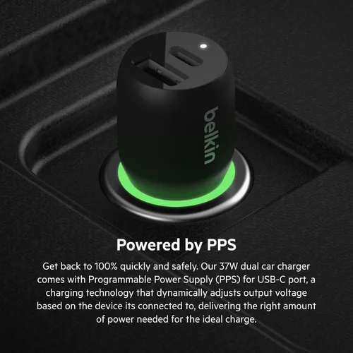 Miniatura 4 de Belkin Cargador de coche dual USB de 37 vatios - Puerto USB-C de entrega de energía de 25 W y puerto USB-A de 12 W para carga PPS de Apple iPhone