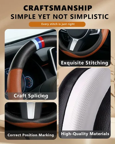 Miniatura 6 de Funda para volante de cuero para BMW, fundas universales para volante de automóvil para coche, SUV, camión con forro antideslizante de 14.5-15 Marrón