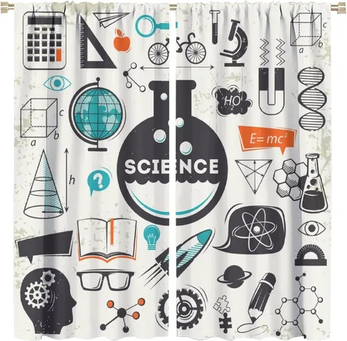 Miniatura 14 de Cortinas opacas para ventanas de ciencia para niños, lupa de libro de laboratorio de ciencia, lupa, frascos moleculares, cortinas impresas