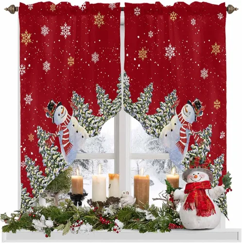 Miniatura 15 de BEMIGO Cortinas de cocina de Navidad, lindas cortinas de granja con muñeco de nieve azul, cenefa con bolsillo para barra de copos de nieve