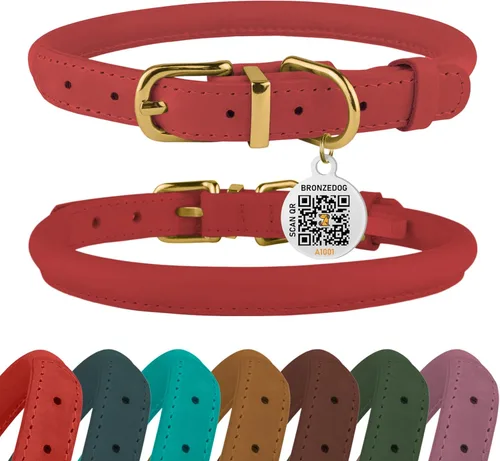 Collar de cuero enrollado, redondo, suave y ajustable con placa de identificación por QR para perro pequeño, mediano y grande, cachorro y gato Rosa