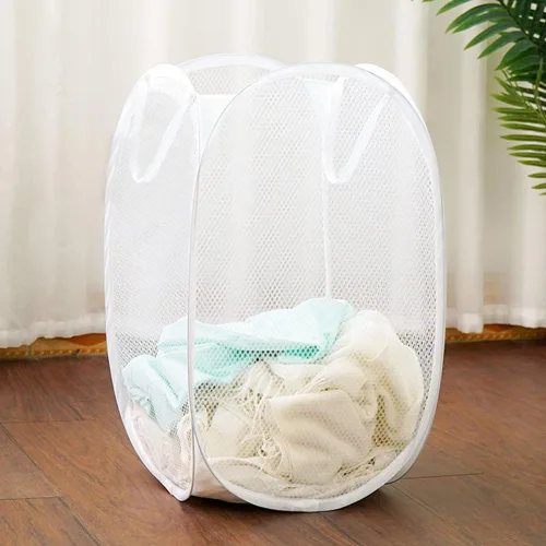 Miniatura 5 de Paquete de 2 cestas plegables de malla para la ropa sucia, cestas plegables para la ropa de baño, dormitorio universitario, viajes (blanco)