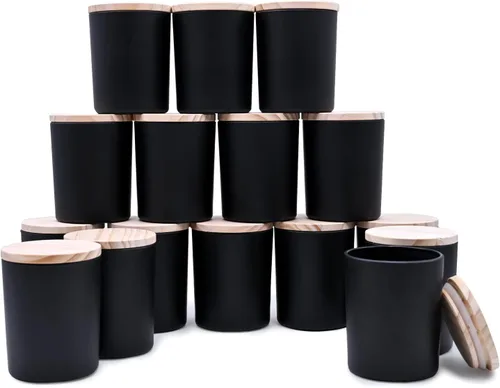 SHOWIN Tarros gruesos para hacer velas, 16 unidades, tarros vacíos de 7 onzas con tapas de madera para hacer velas, contenedor de muestra, negro mate