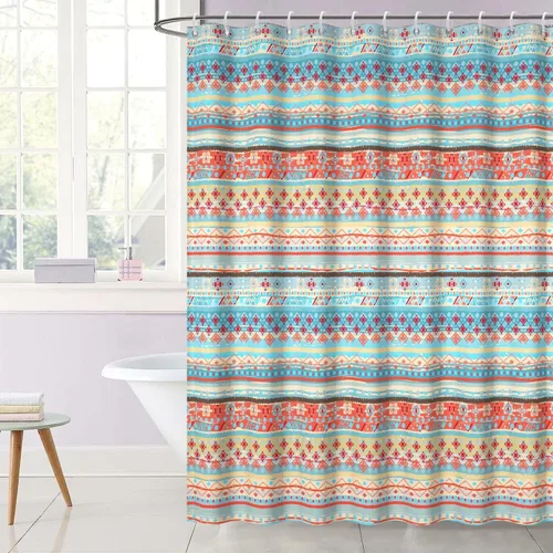 Cortina de ducha de tela bohemia colorida de 59 x 71 pulgadas, diseño geométrico clásico retro, estilo elegante para decoración de baño, Naranja