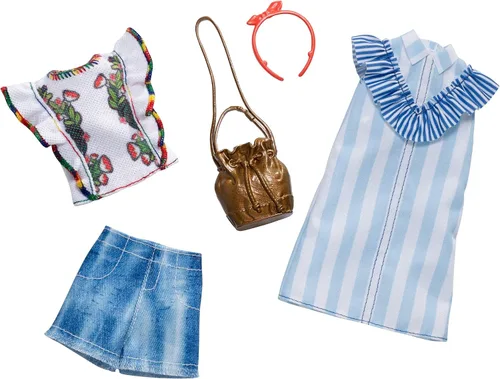 Barbie Ropa: 2 trajes de muñeca incluyen un vestido camisero azul y blanco, regalo para niños de 3 a 8 años