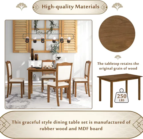 Miniatura 6 de RUNNA Juego único de mesa de comedor de madera de 5 piezas con mesa rectangular y 4 sillas tapizadas, para lugares pequeños y cocina, cómodo