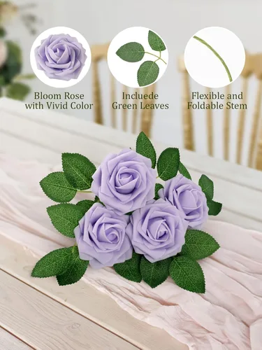 Miniatura 4 de MACTING 60 rosas artificiales de tacto real con tallo de espuma suave para bricolaje, ramo de boda, centros de mesa, fiestas, baby shower, hogar