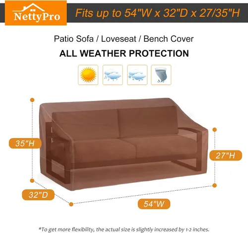 Miniatura 5 de NettyPro Funda para Sofá Loveseat de Patio Impermeable de Servicio Pesado para Muebles de Exterior Sofá de 2 Plazas, 54" An x 32" Pr x 35" Al, Marrón
