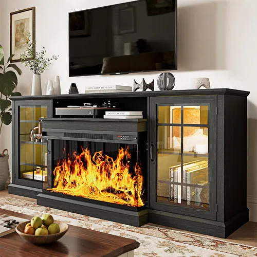 Miniatura 13 de MXV - Soporte de chimenea para TV de 59 pulgadas, centro de entretenimiento estilo granja con soporte de TV de 3 lados de vidrio, consola multimedia