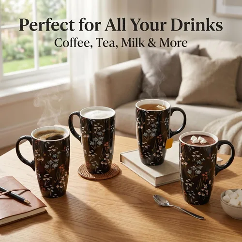 Miniatura 4 de Topadorn Taza de Café de Cerámica Taza de Viaje Regalo con Tapa 17oz., Taza de Té Alta de Porcelana con Asa para el Hogar y la Oficina, Taza