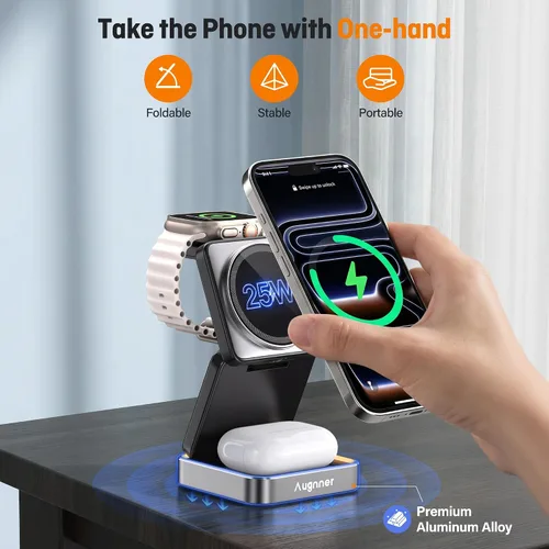 Miniatura 3 de Cargador inalámbrico 3 en 1, estación de carga inalámbrica plegable con luz para cargador magnético Apple, soporte de cargador magnético de viaje