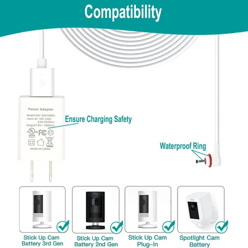 Miniatura 2 de Cable de alimentación con adaptador de corriente para Ring Stick Up Cam Batería de 2ª/3ª Gen/Plug-in y Ring Spotlight Cam, cable de 16 pies de largo
