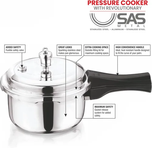 Miniatura 4 de Vinod Platinum Triply - Olla a presión de acero inoxidable de triple capa con tapa exterior - 68 onzas, apta para inducción, certificada ISI, olla a