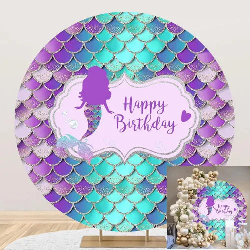 Yeele Telón de fondo redondo de 7 x 7 pies con diseño de sirenita para niñas, fiesta de sirena bajo el mar, purpurina azul y morado con escamas de