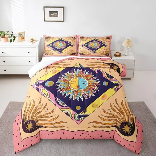 Miniatura 26 de Juego de edredón de champiñones para niños, tamaño individual, juego de ropa de cama romántica con sol, luna, cielo estrellado y galaxia, decoración