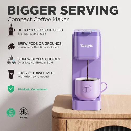 Miniatura 2 de Tastyle Cafetera de Una Sola Porción Caliente y Fría con Preparación Intensa, Pequeña Máquina de Café para Cápsulas K y Café Molido, Compatible