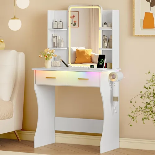 Miniatura 18 de Escritorio de tocador con espejo con luces LED y toma de corriente, pequeño juego de mesa de tocador de maquillaje con cajones de almacenamiento