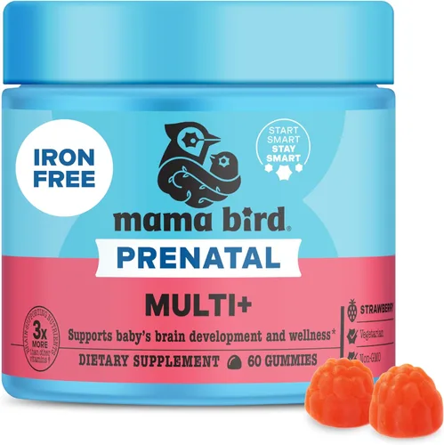 Best Nest Wellness Mama Bird - Gomitas prenatales Multi+ (30 porciones) Multivitamínico sin hierro - Sabor a fresa - Metilfolato - Salud del cerebro