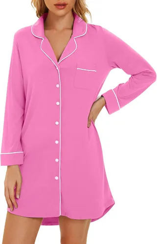 Miniatura 4 de WiWi Camisones para mujer, viscosa de bambú, suave, manga larga, camisa de dormir S-XXL