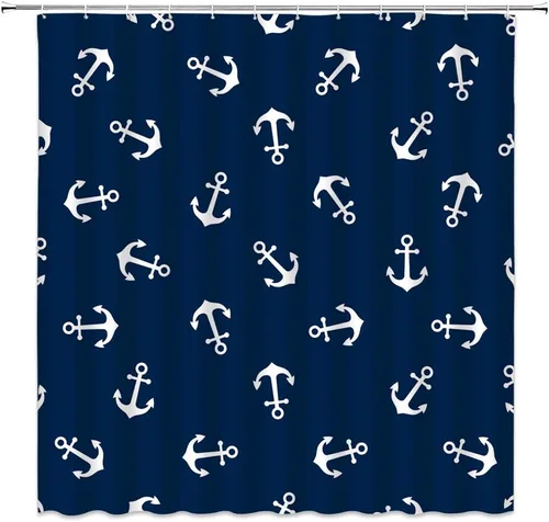 Cortina de ducha con patrón de ancla, diseño náutico, color azul marino, blanco, cortinas de baño, decoración de tela de poliéster, secado rápido,
